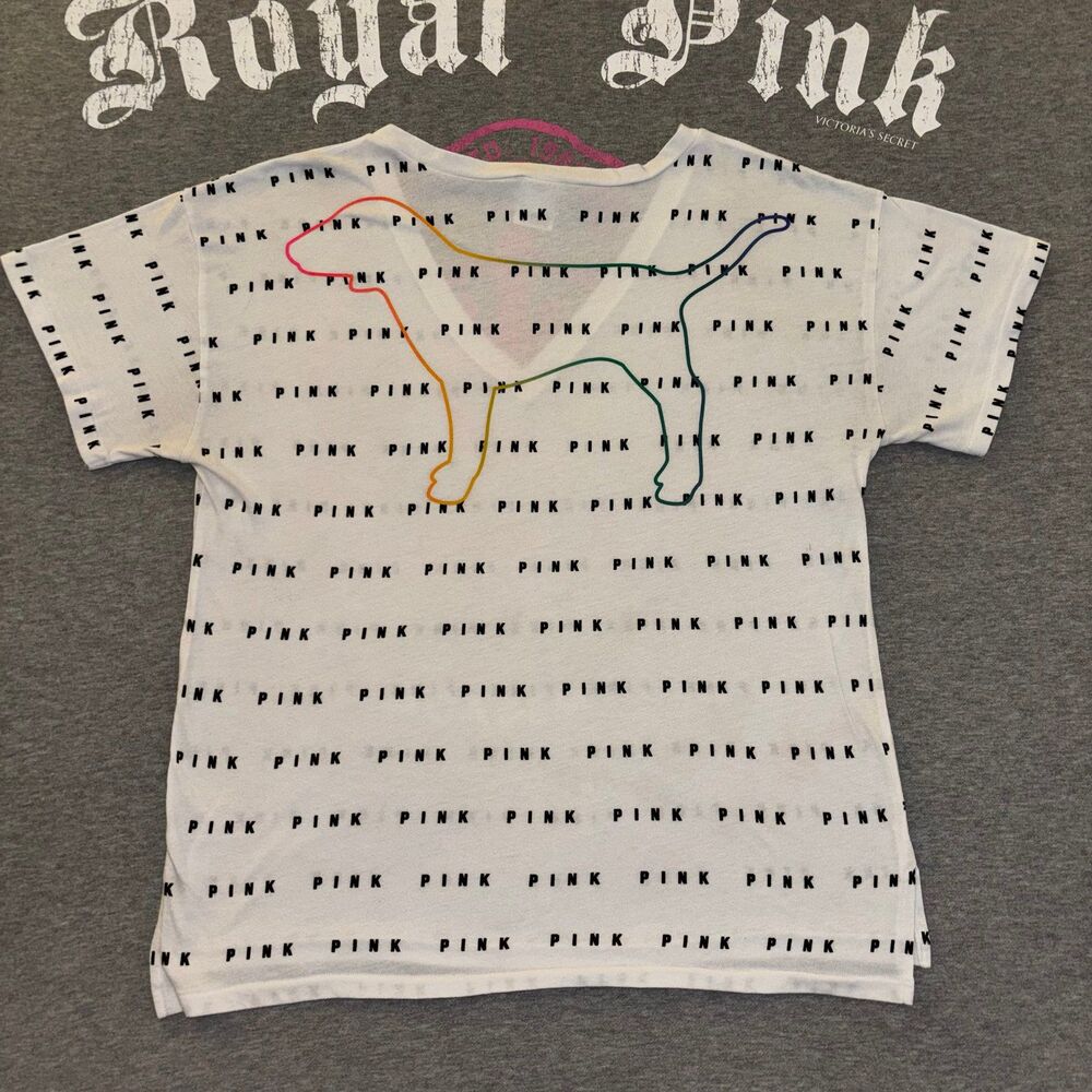 Victoria’s Secret PINK Rainbow Pride Dog V-Neck T-Shirt Repeat Logo GUC LG